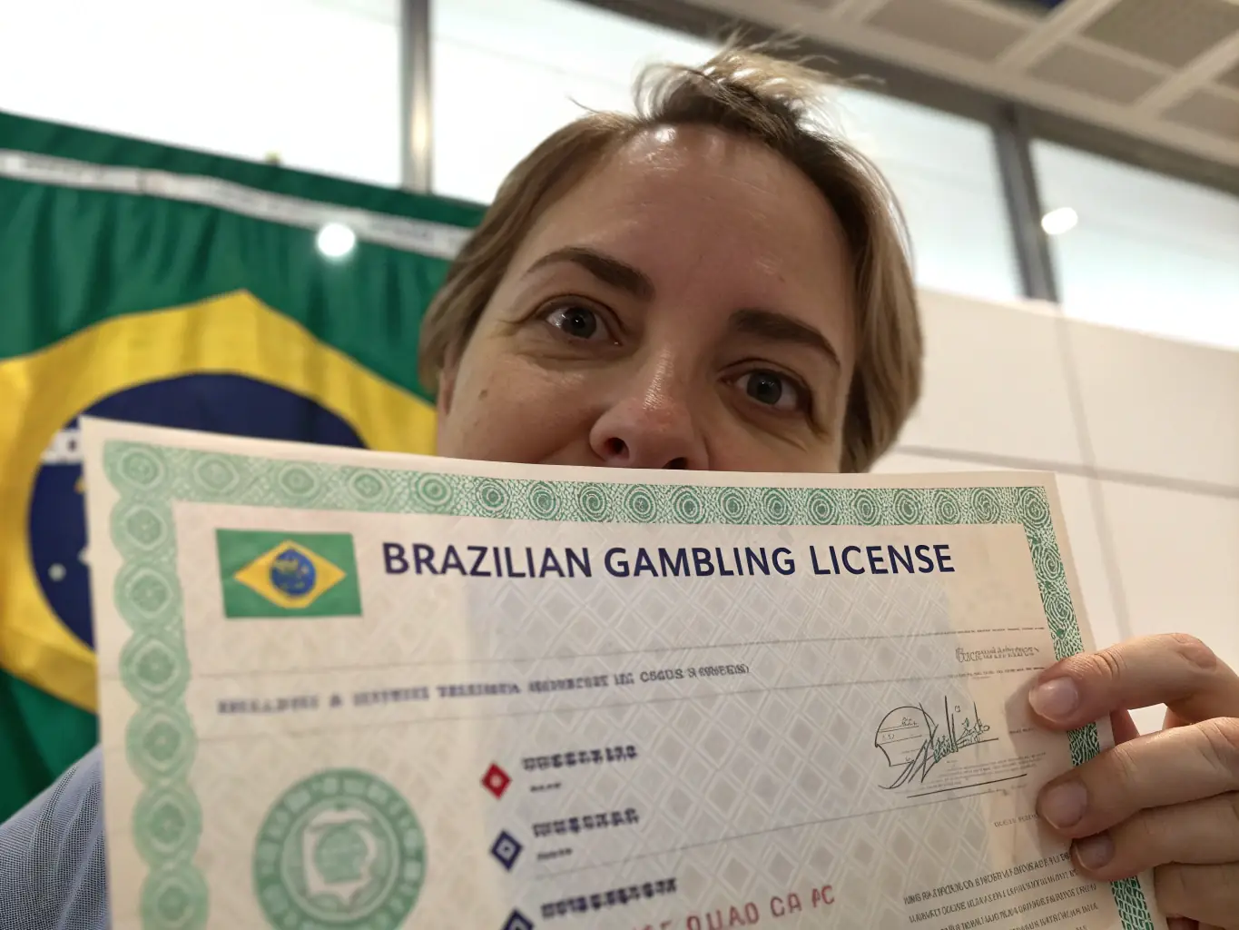 A person holding a Brazilian license for online gambling, with a background showing the Brazilian flag and various online casino logos.