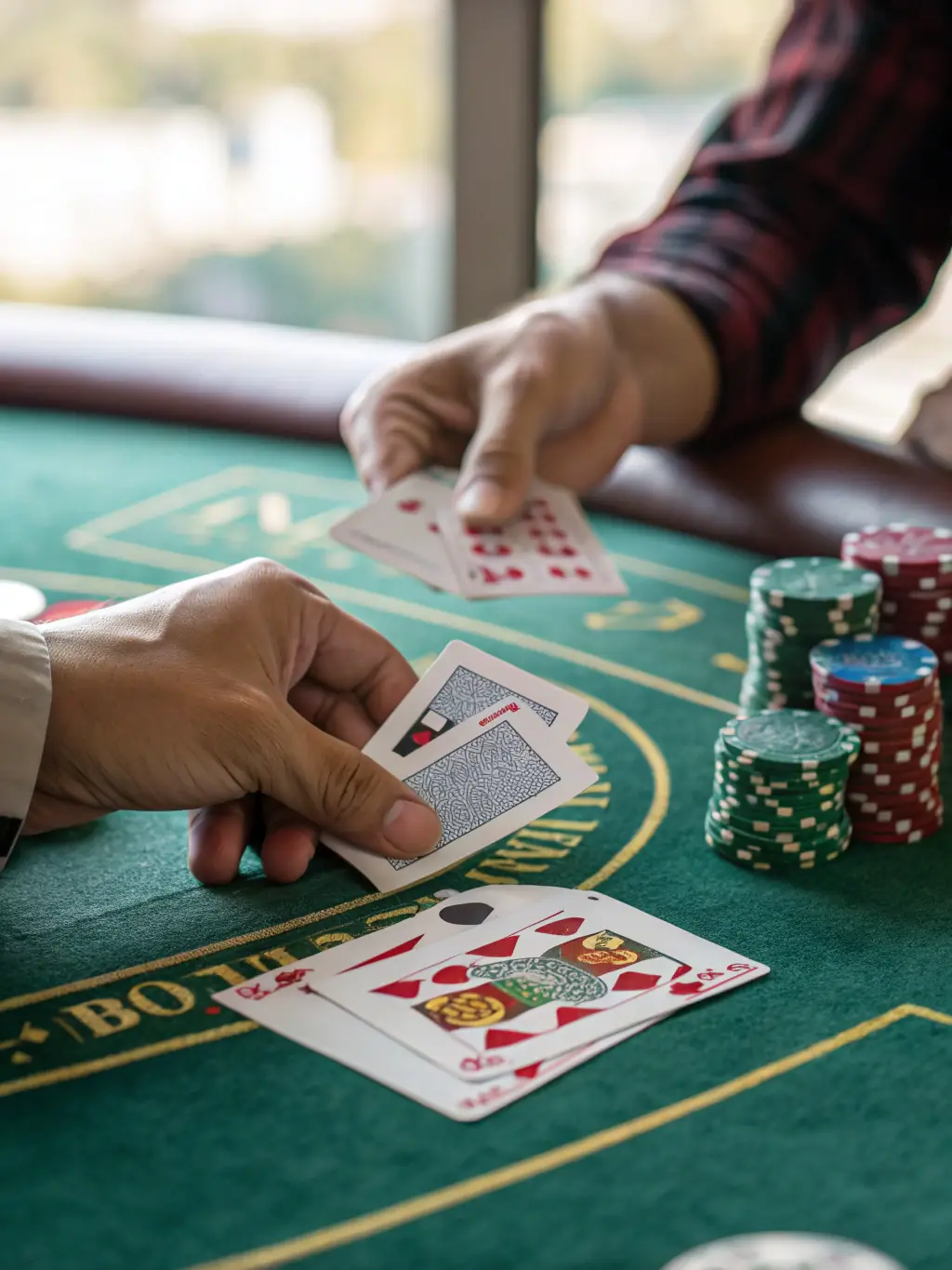A blackjack table with cards dealt, showing a player making a decision, highlighting the strategic elements of the game.