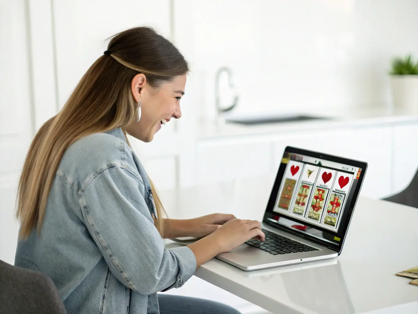 An image of a person studying casino game rules on a laptop, with colorful chips and cards on the table, symbolizing the learning process.