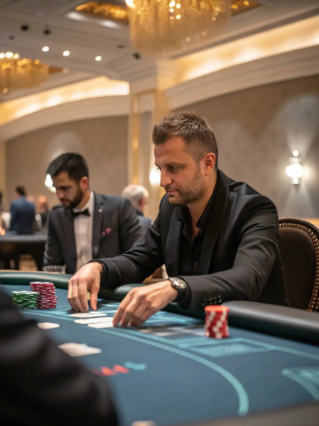 A professional poker player in a serious pose, holding a winning hand of cards, with casino chips stacked in the background, conveying the skill and strategy involved in poker.